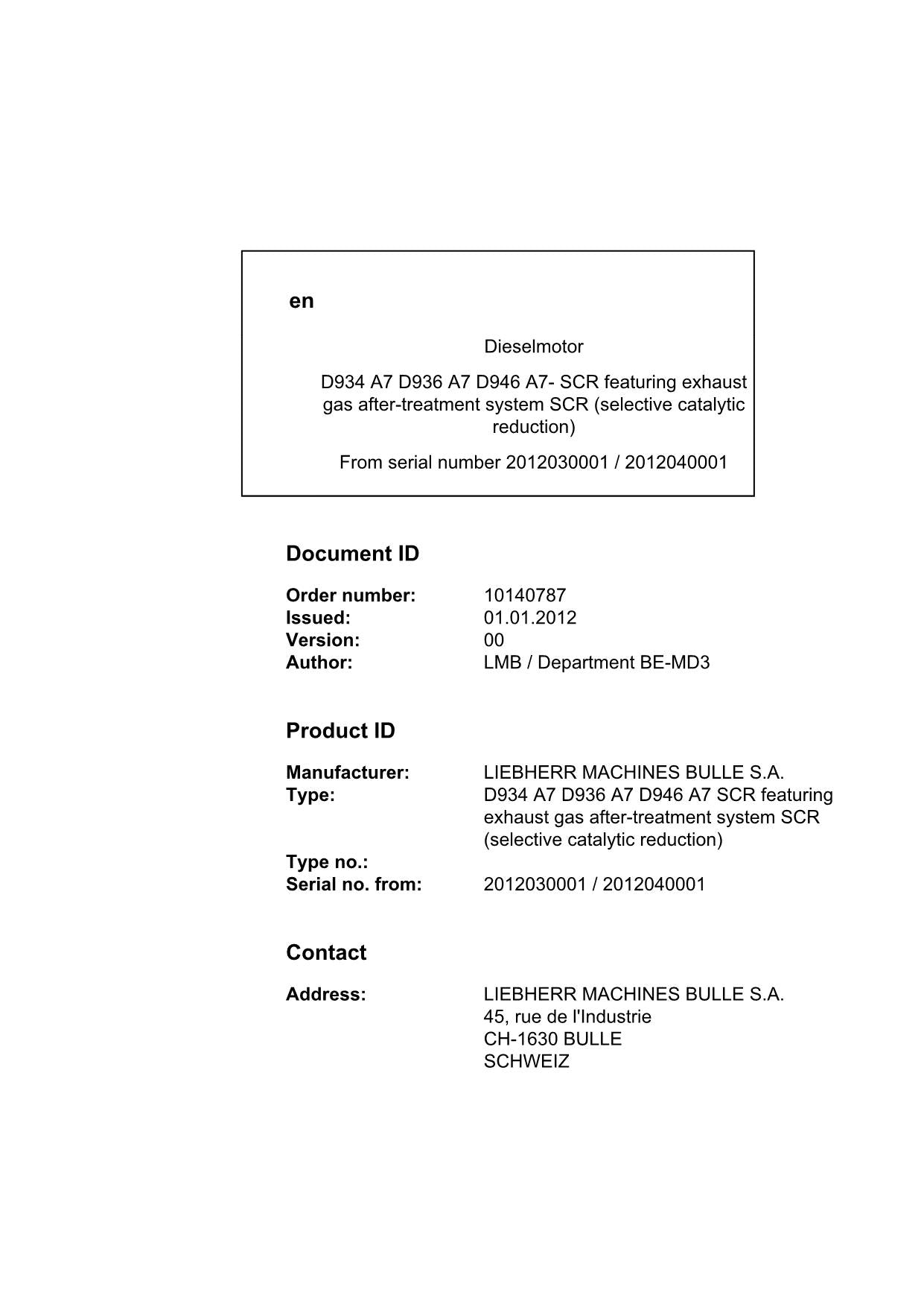 Liebherr D934 D936 D946 SCR featuring exhaust gas engine Operators manual