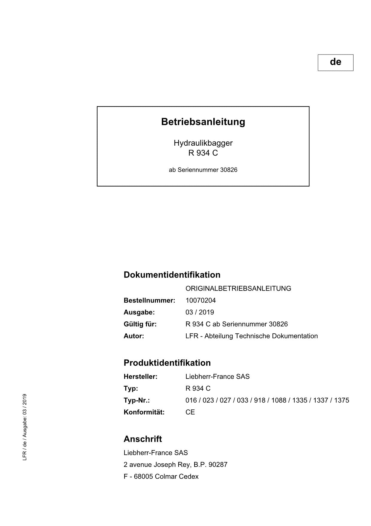 Liebherr R934 C Hydraulikbagger Betriebsanleitung ser 30826