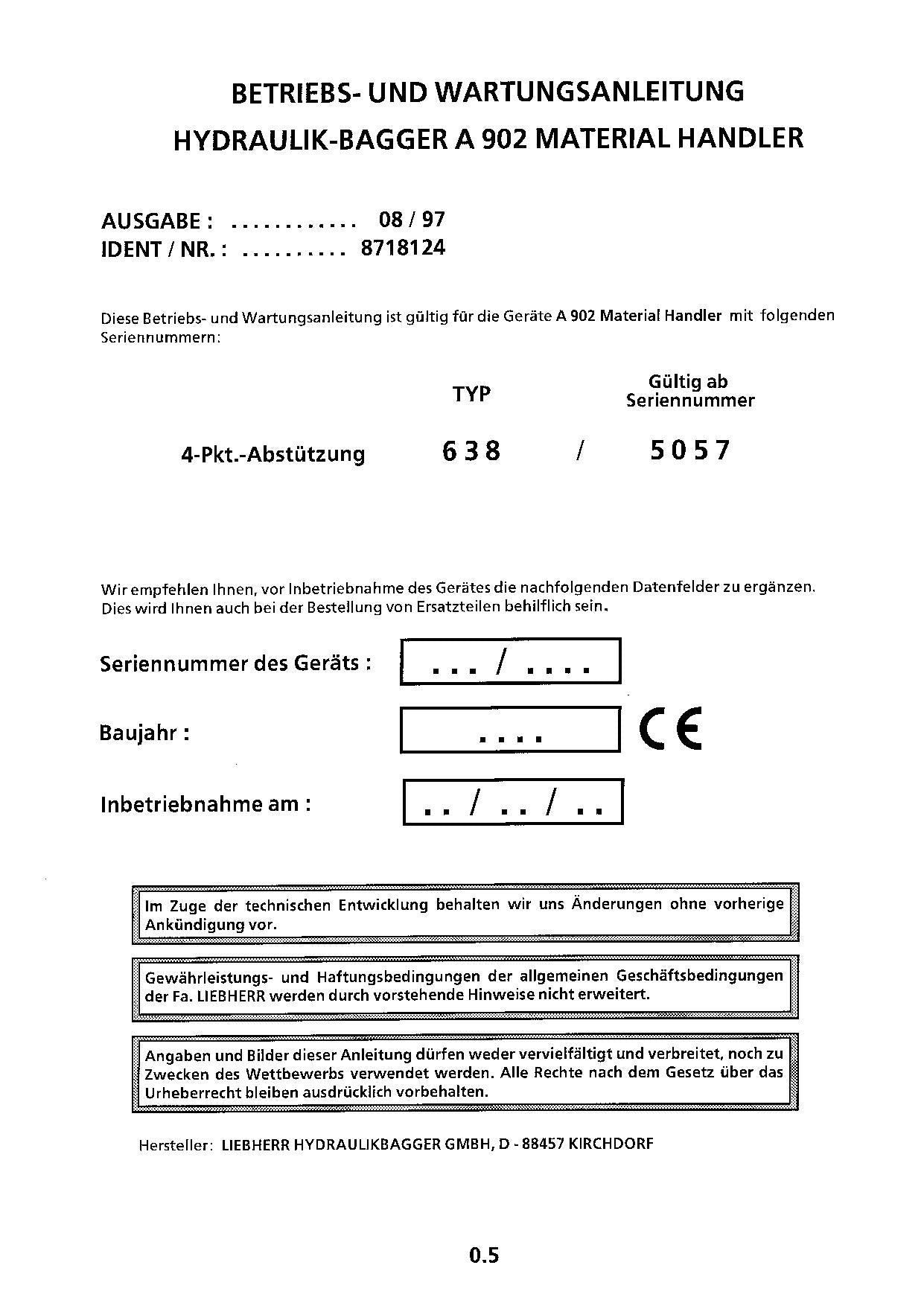 Ensacheuse Liebherr A902 MateriaL Handler Betriebsanleitung Wartungsanleitung