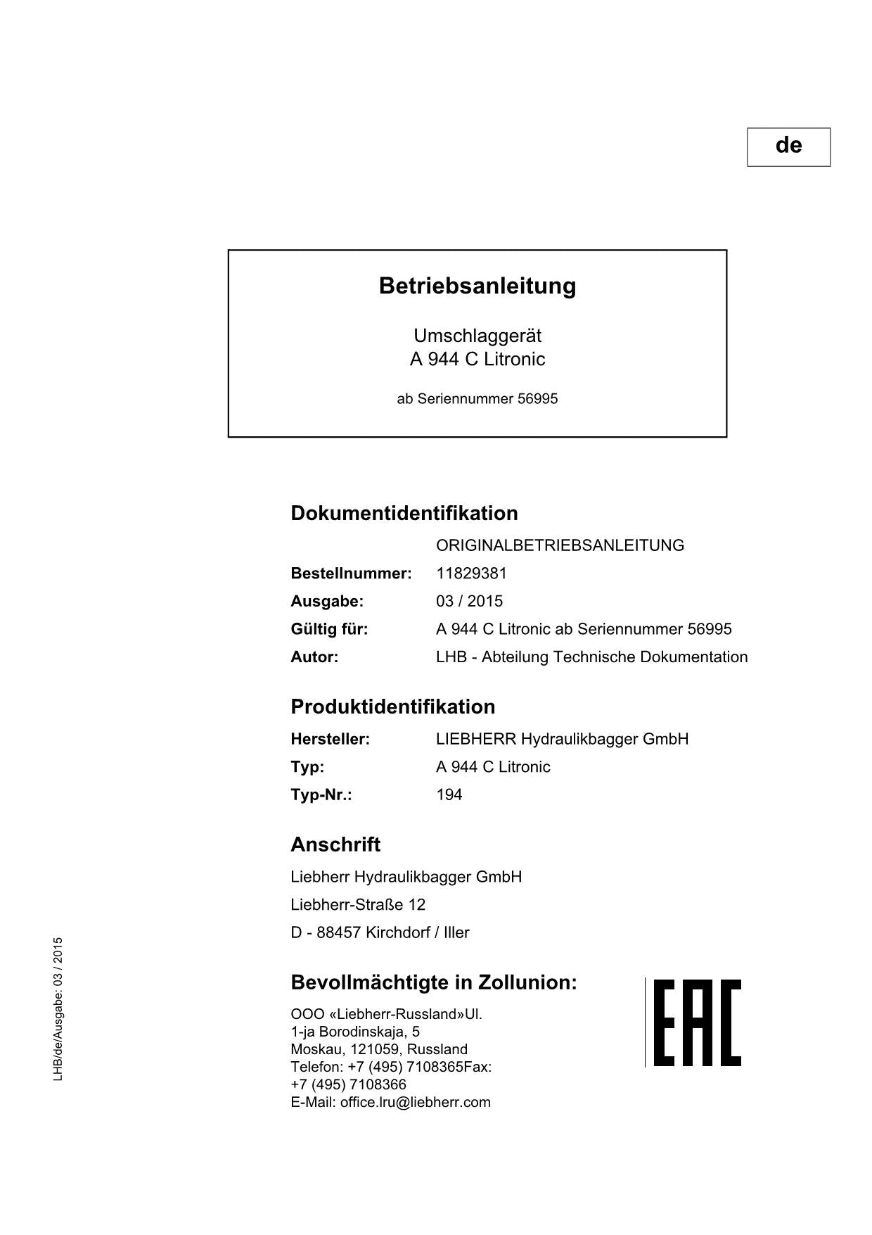 Liebherr A944 C Litronic Umschlaggerät Betriebsanleitung