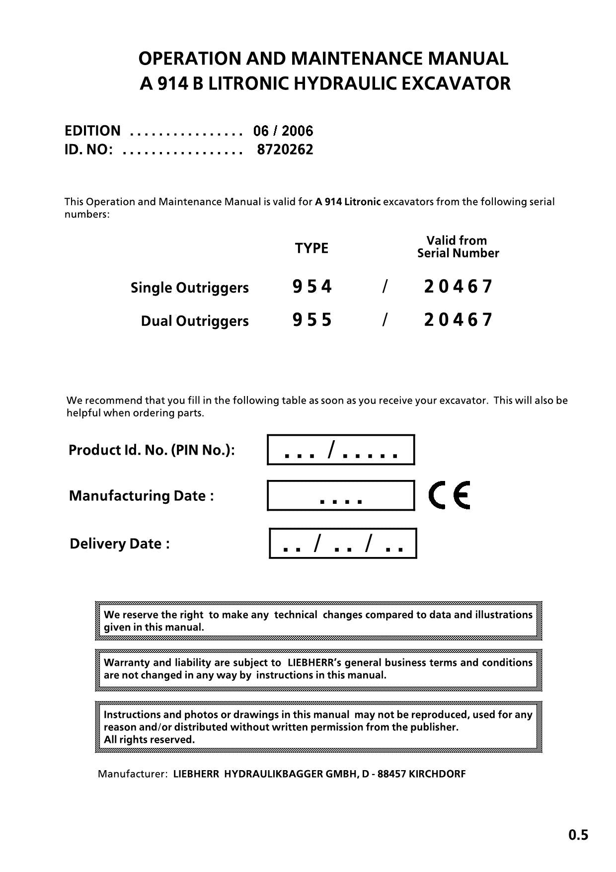 Manuel d'utilisation de la pelle Liebherr A914 B Litronic