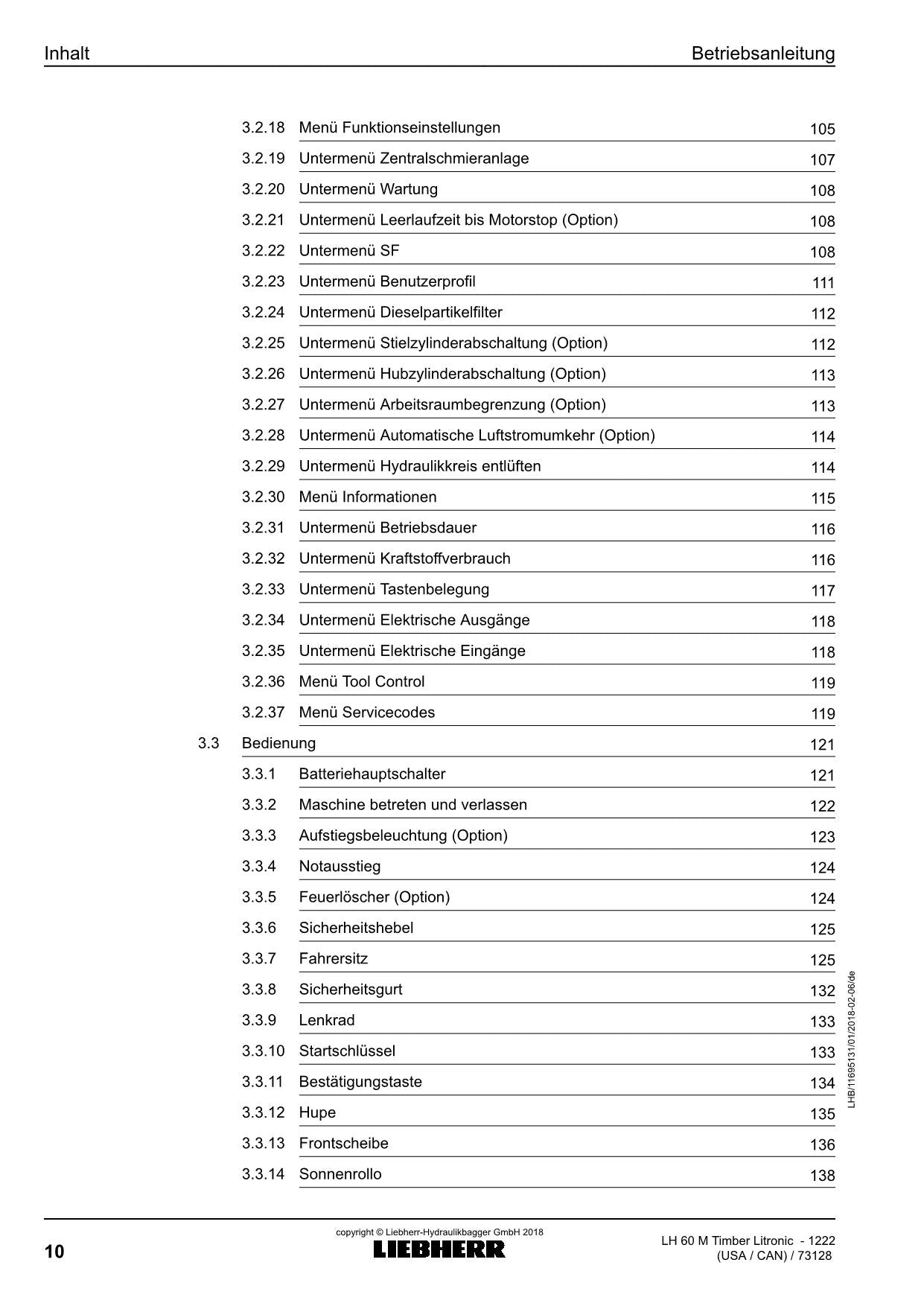 Liebherr LH60 M TimbeRLitronic Materialumschlaggerät Betriebsanleitung 1222 USA