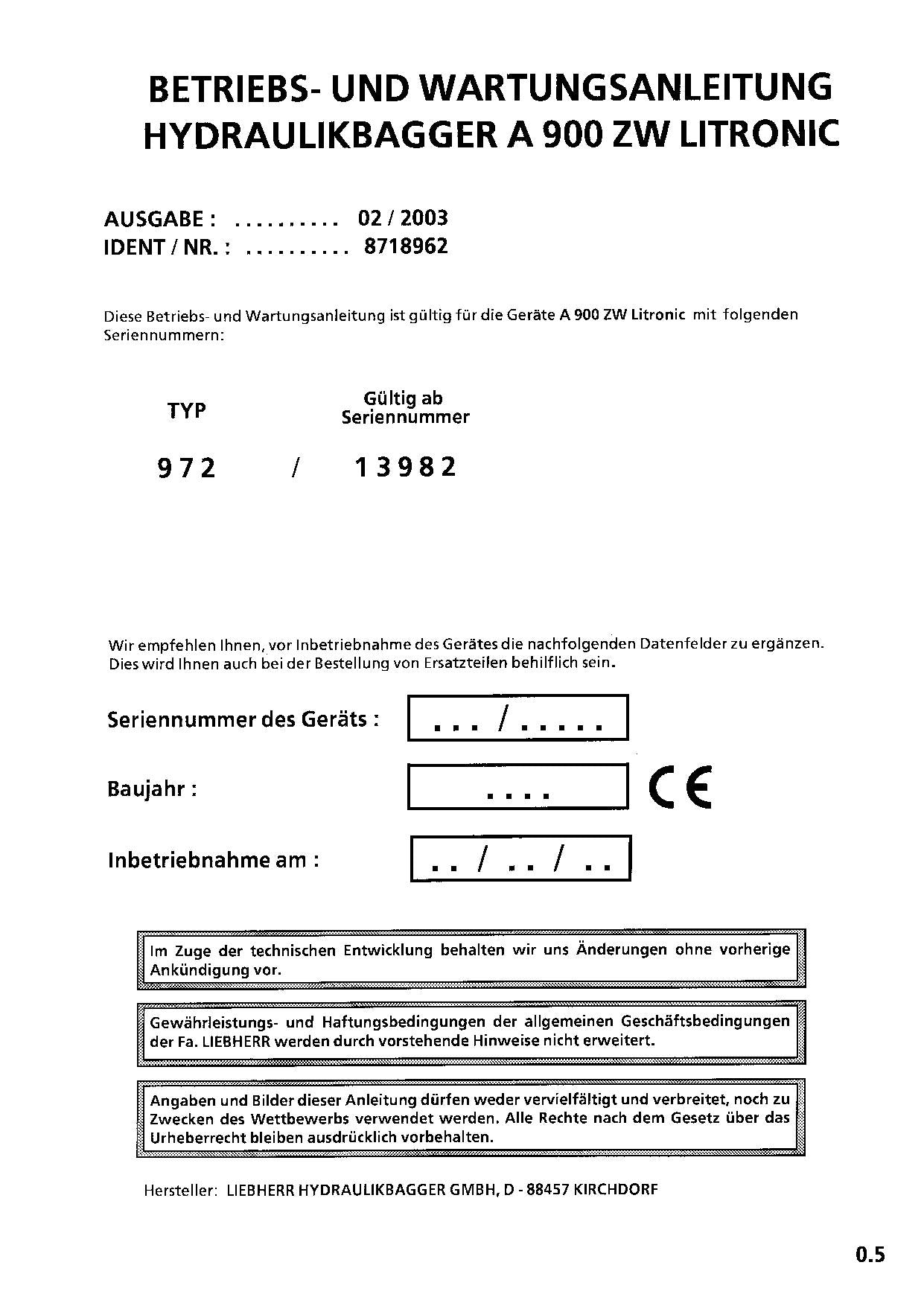Liebherr A900 ZW Litronic Hydraulikbagger Betriebsanleitung 8718962