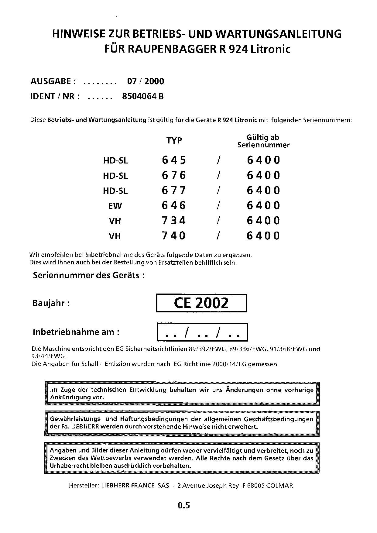 Liebherr R924 Litronic Hydraulikbagger Manuel d'instructions Manuel d'entretien