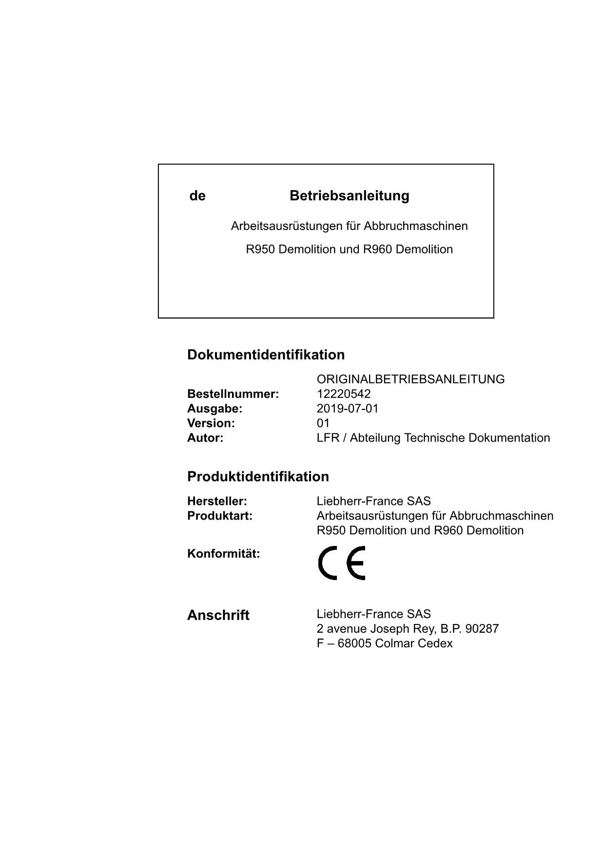 Liebherr R950 R960 Demolition für Abbruchmaschinen Betriebsanleitung