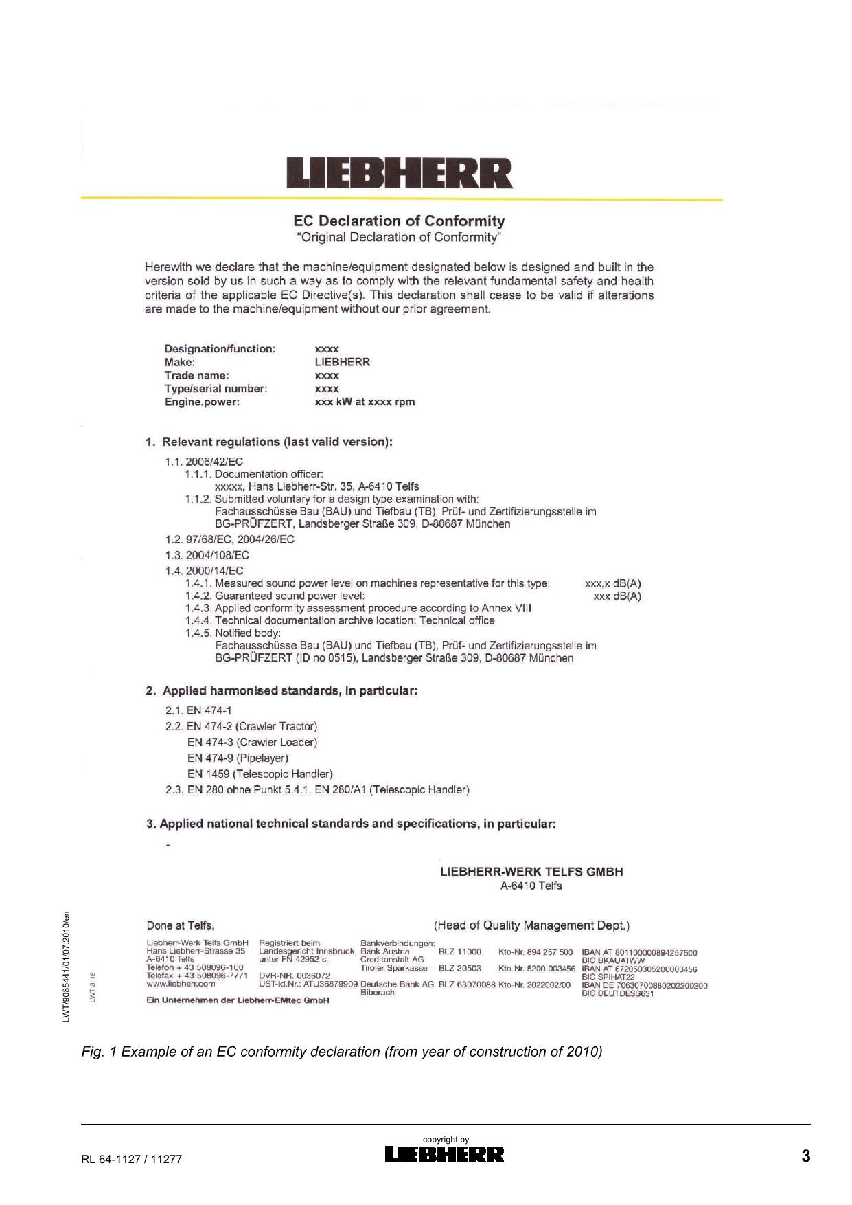 Manuel d'utilisation de la machine à poser les canalisations Liebherr RL64-1127, numéro de série 11277