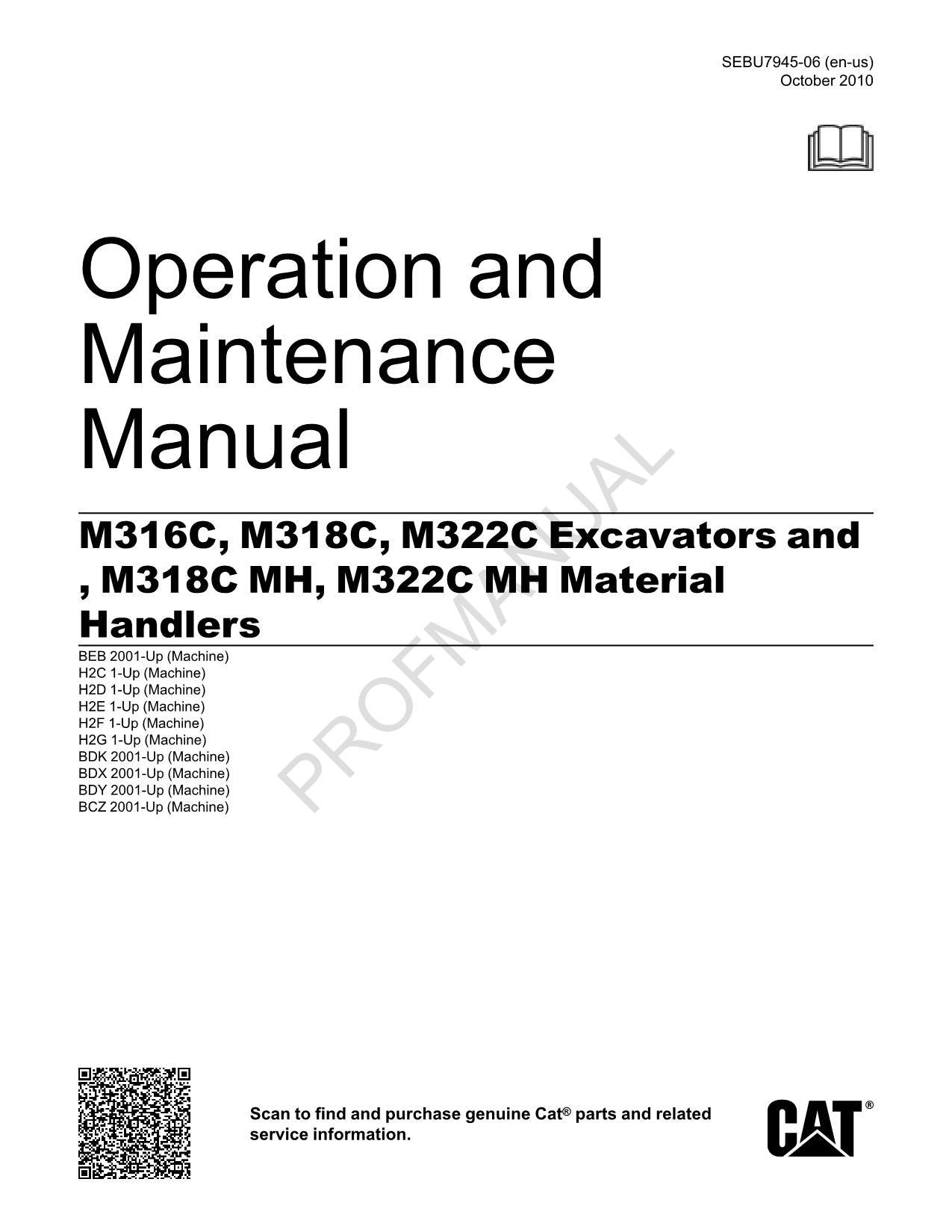 Manuel d'utilisation de la pelle Caterpillar M316C M318C M322C SEBU7945