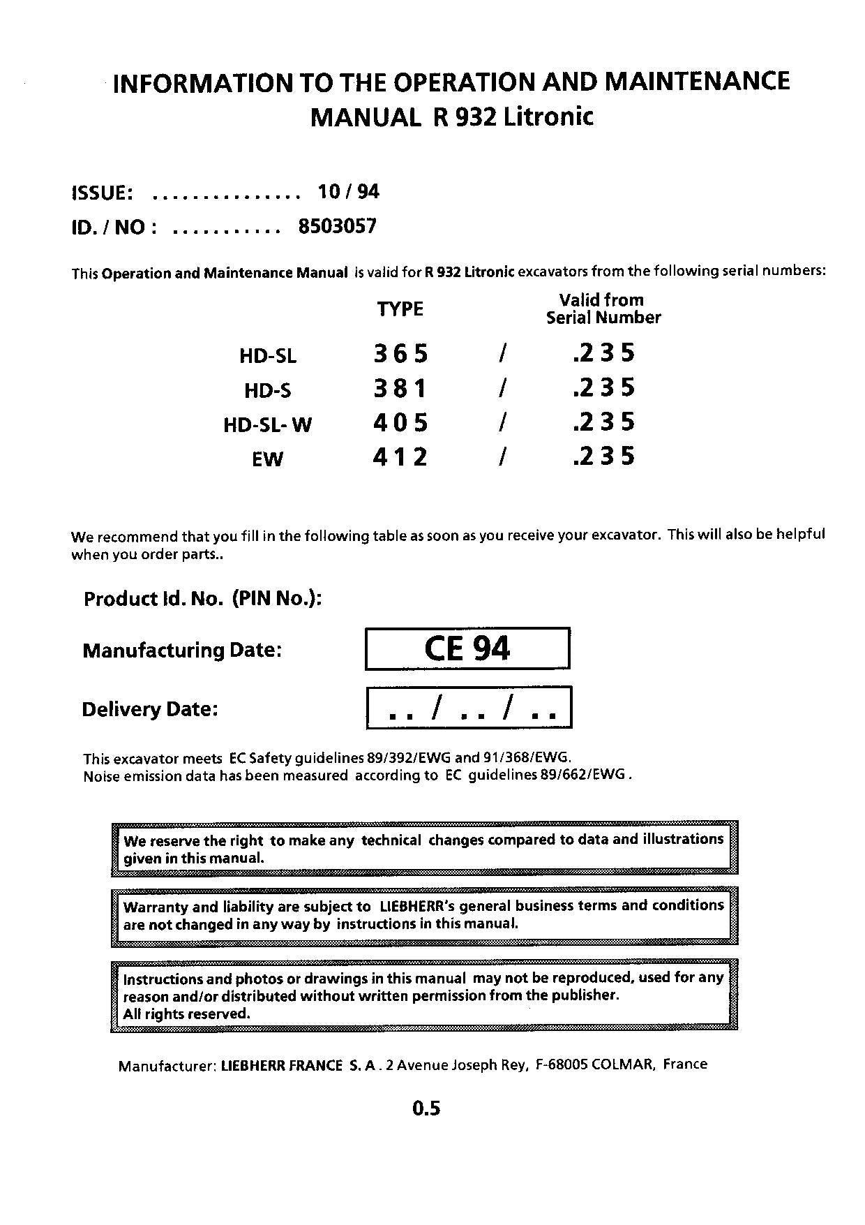 Liebherr R932 Litronic Excavator Operators manual serial .235l