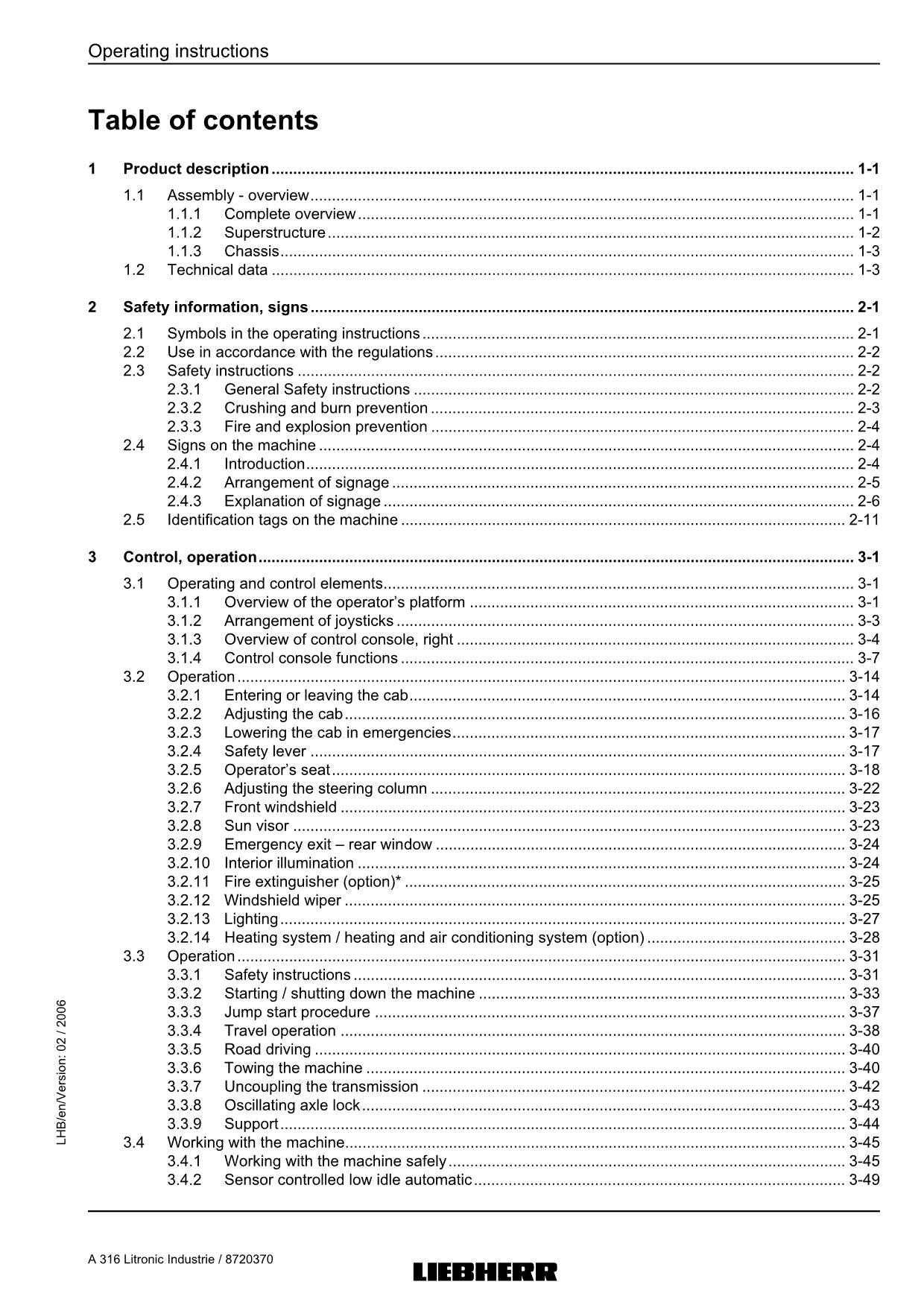 Liebherr A316 Litronic Industrie Excavator  Operators manual