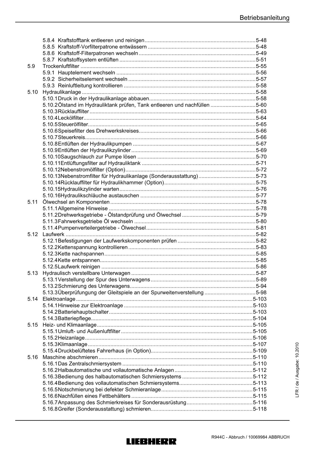 Liebherr R944 C Abbruch 27700 Hydraulikbagger Betriebsanleitung