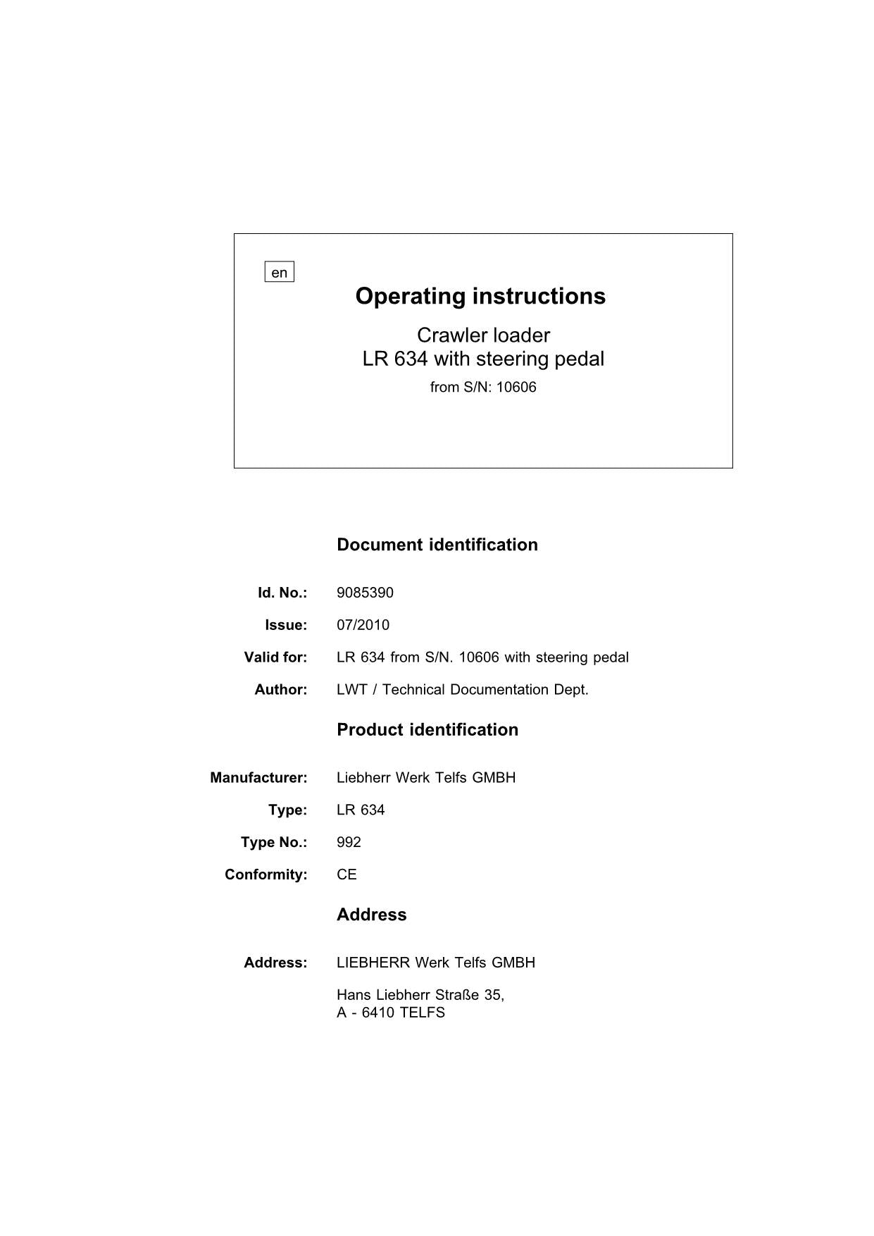 Manuel d'utilisation de la chargeuse sur chenilles Liebherr LR634 9085390 série 10606