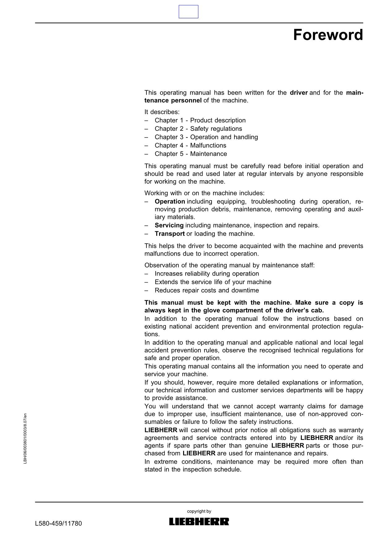 Manuel d'utilisation de la chargeuse sur pneus Liebherr L580 - 459 2plus2