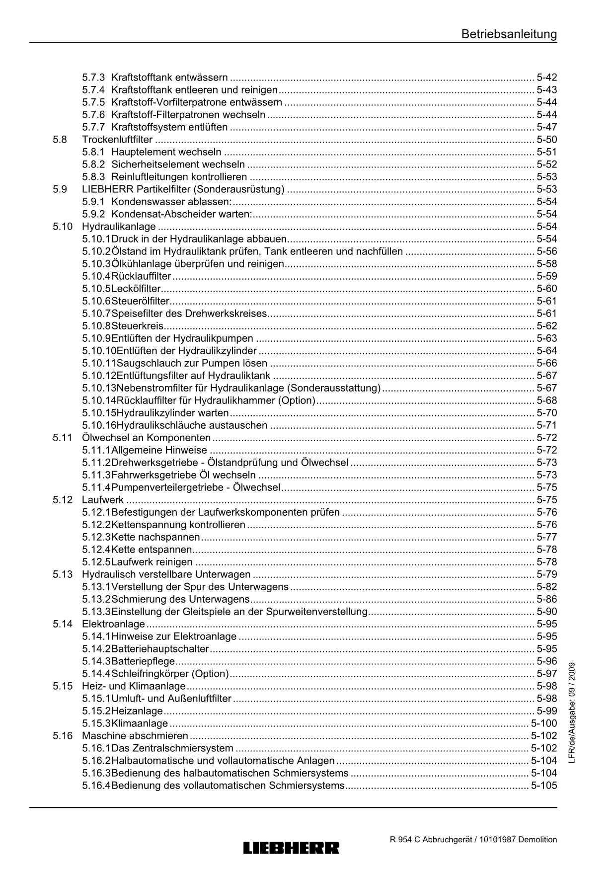 Liebherr R954 C Abbruchgerät 23166 Hydraulikbagger Betriebsanleitung