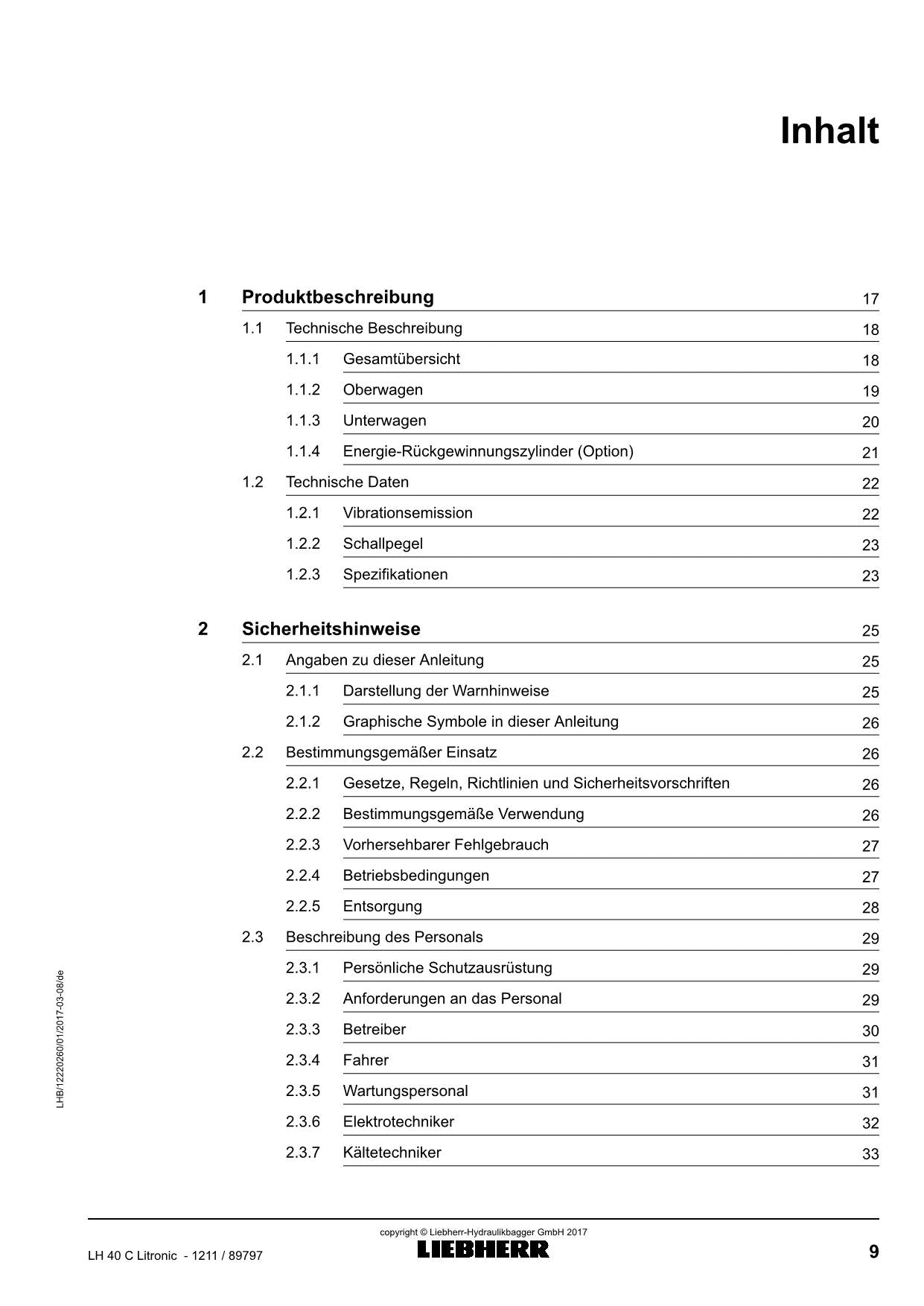 Liebherr LH40 C Litronic Materialumschlaggerät Betriebsanleitung Typ 1211