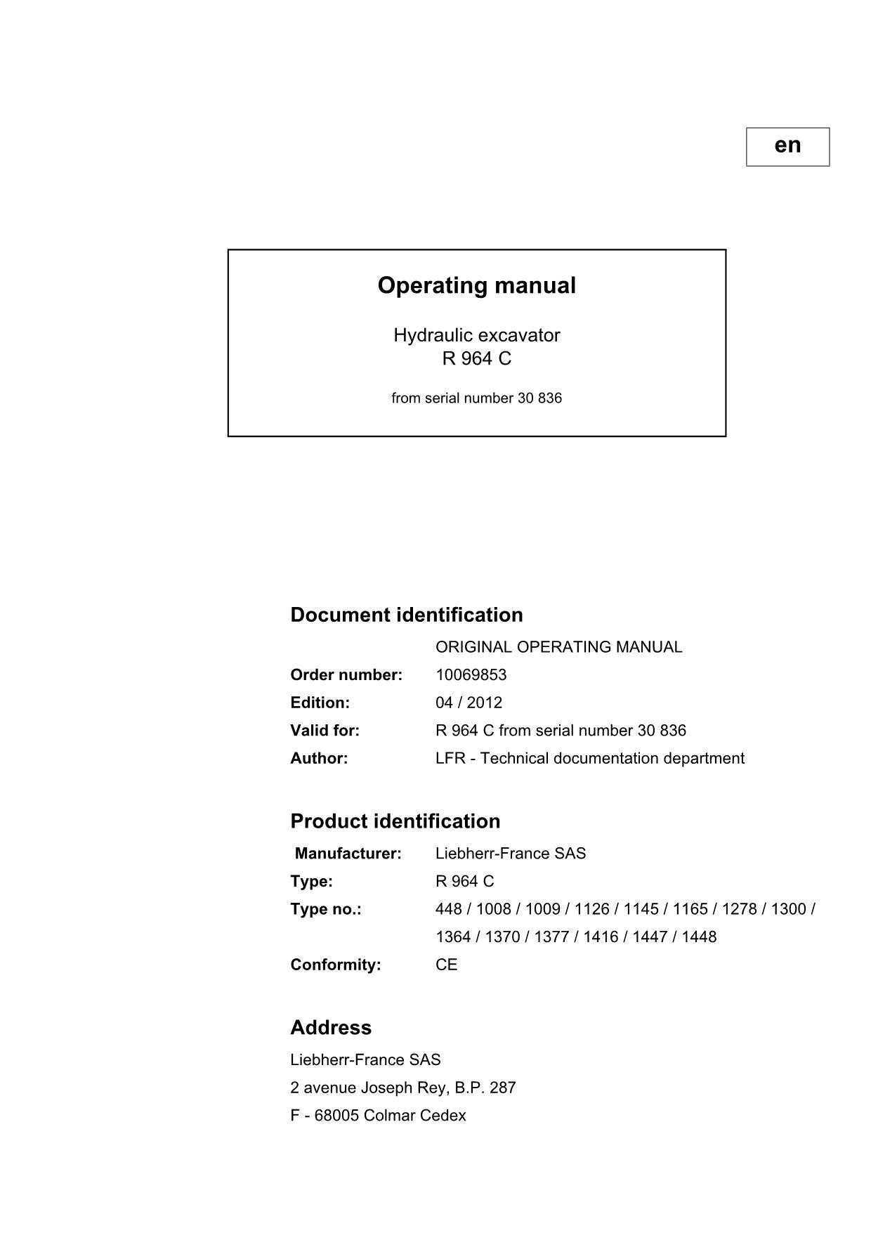 Liebherr R964 C Excavator Operators manual