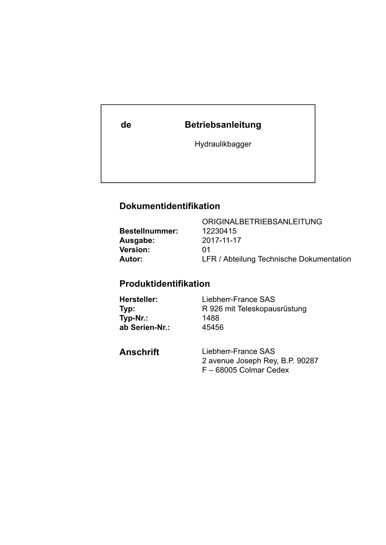 Liebherr R926 miTTeleskopausrüstung Hydraulikbagger Betriebsanleitung ser 45456