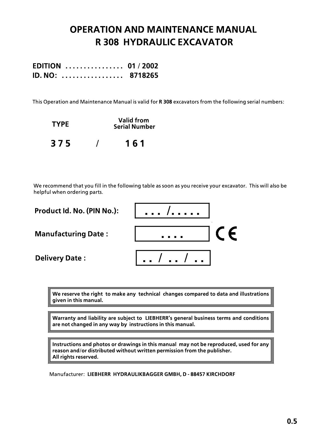 Liebherr R308 Excavator Operators manual