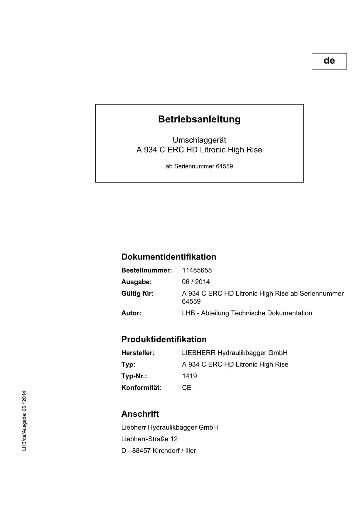 Liebherr A934 C ERC HD Litronic High Rise Umschlaggerät Betriebsanleitung