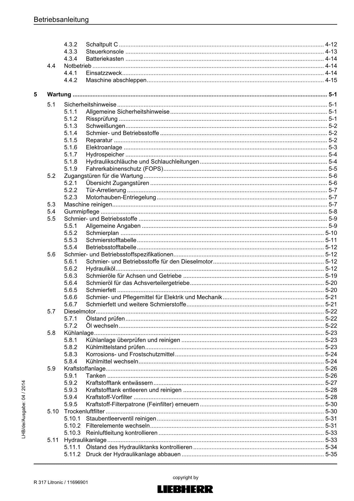 Liebherr R317 Litronic Hydraulikbagger Betriebsanleitung 11696901