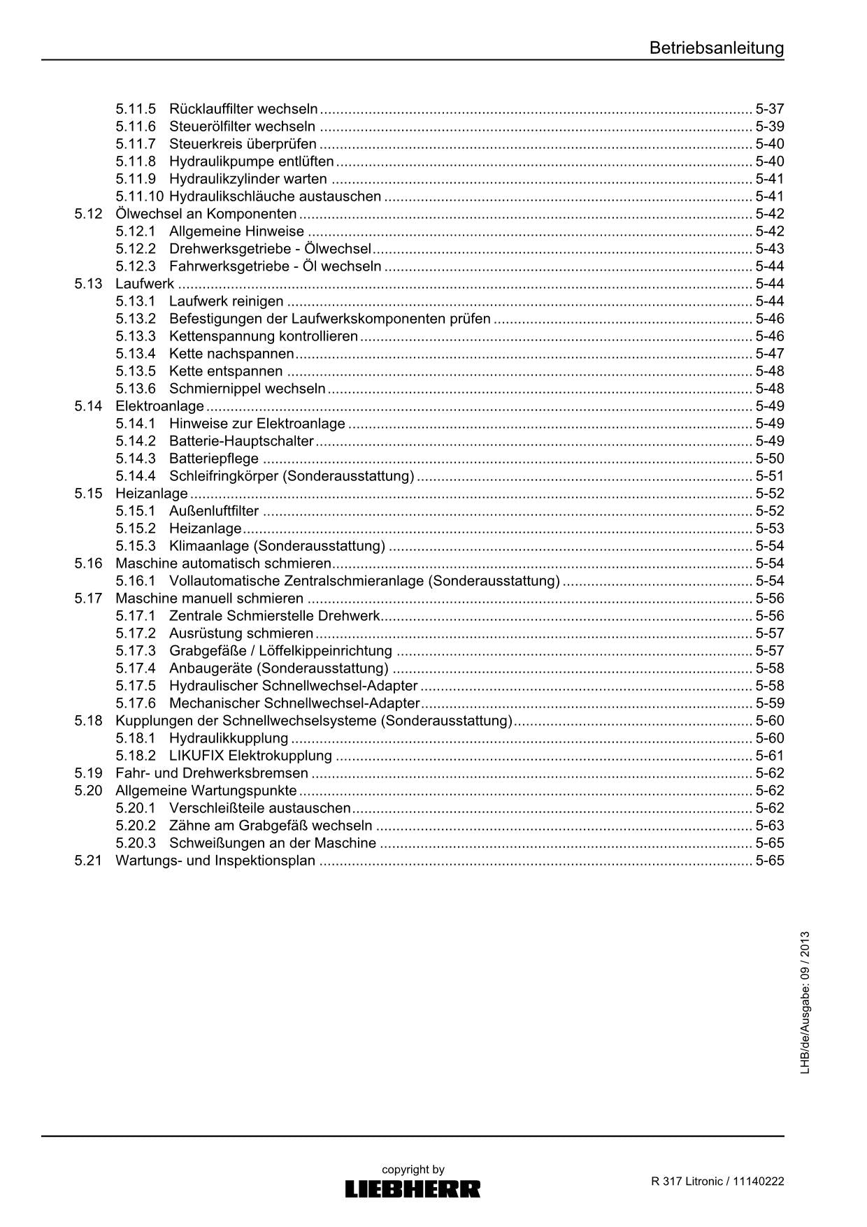 Liebherr R317 Litronic Hydraulikbagger Betriebsanleitung 11140222