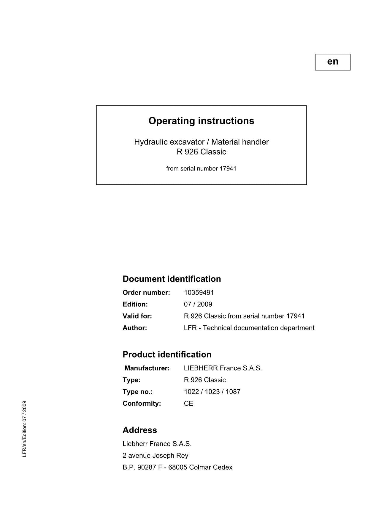 Liebherr R926 Classic Excavator Operators manual serial 17941