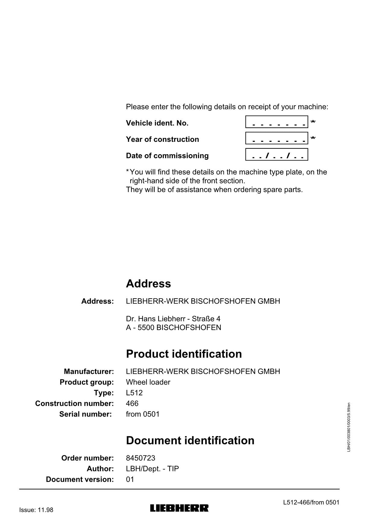 Liebherr L512 Stereo Wheel Loader Operators manual