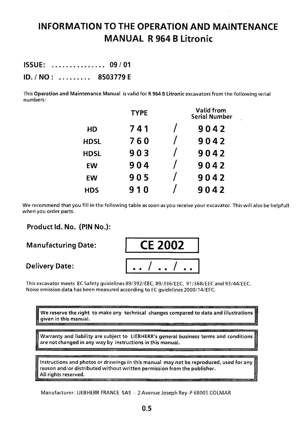 Liebherr R964 B Litronic Excavator Operators manual serial 9042