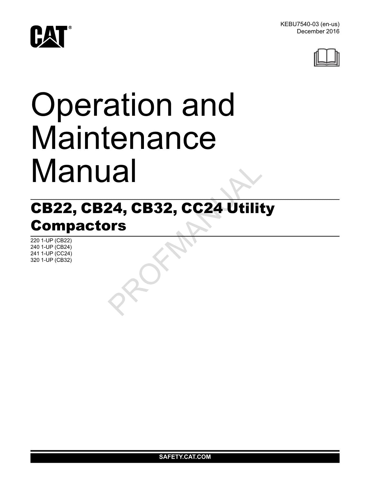 Caterpillar CB22 CB24 CB32 CC24 Utility Compactor Operators Wartungshandbuch