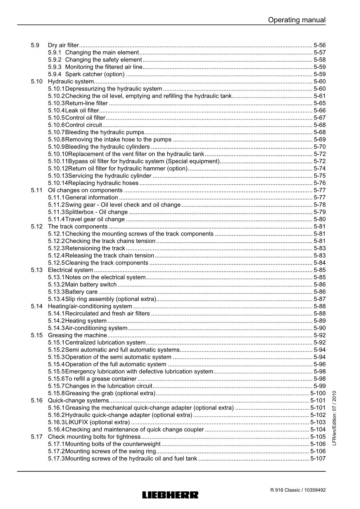 Liebherr R916 Classic Excavator Operators manual serial 27093