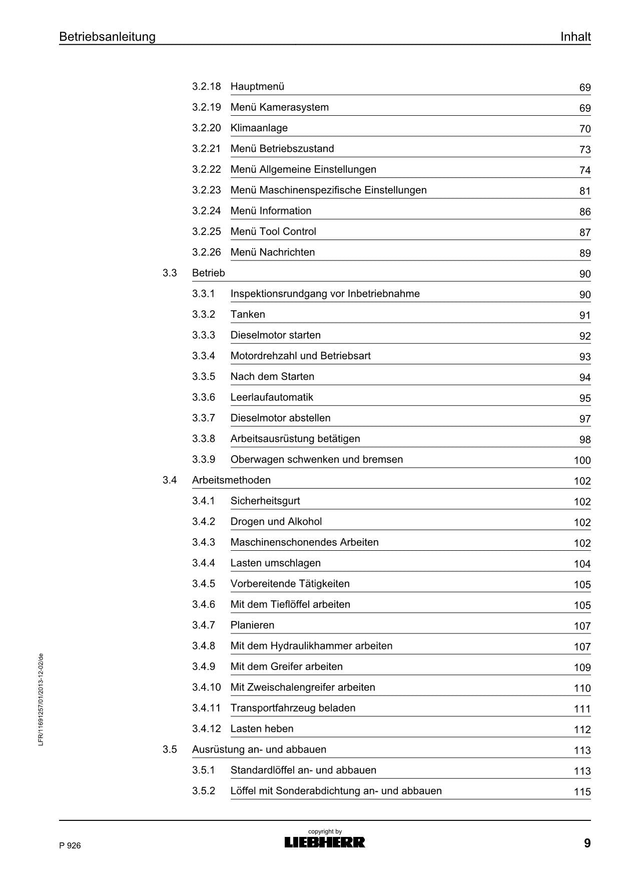 Liebherr P926 Hydraulikbagger Betriebsanleitung