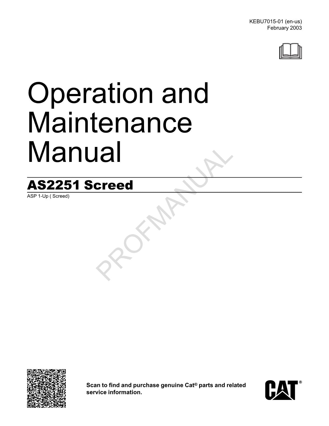 Caterpillar AS2251 Screed Operators Maintenance Manual