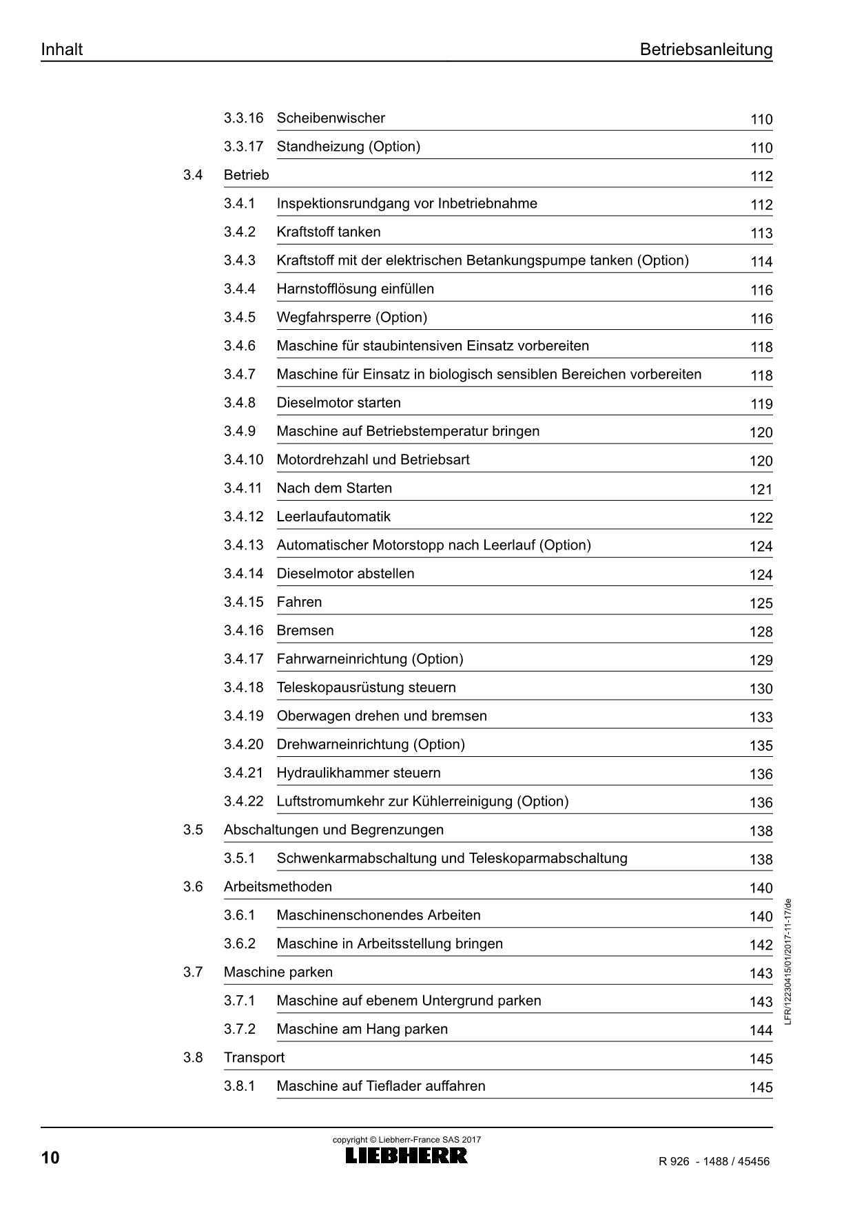 Liebherr R926 miTTeleskopausrüstung Hydraulikbagger Betriebsanleitung ser 45456