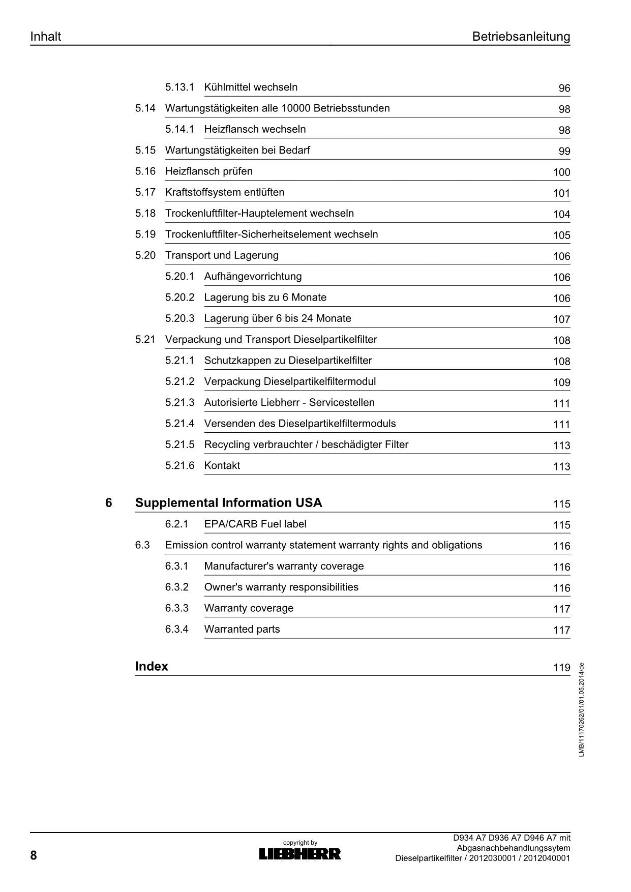 Liebherr D934 A7 D936 A7 D946 A7 Moteur de filtre à particules diesel Manuel d'instructions