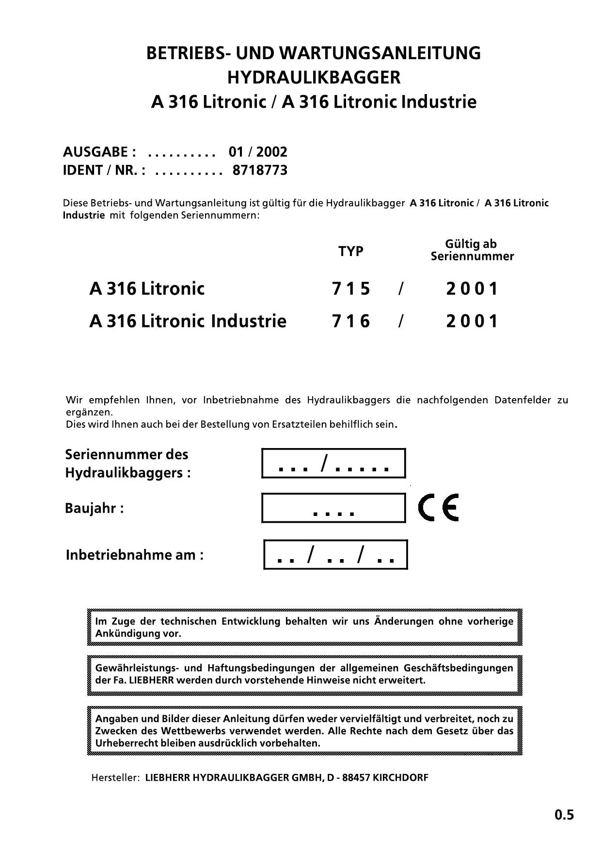 Liebherr A316 A316 Litronic Industrie Bagger Betriebsanleitung Wartungsanleitung