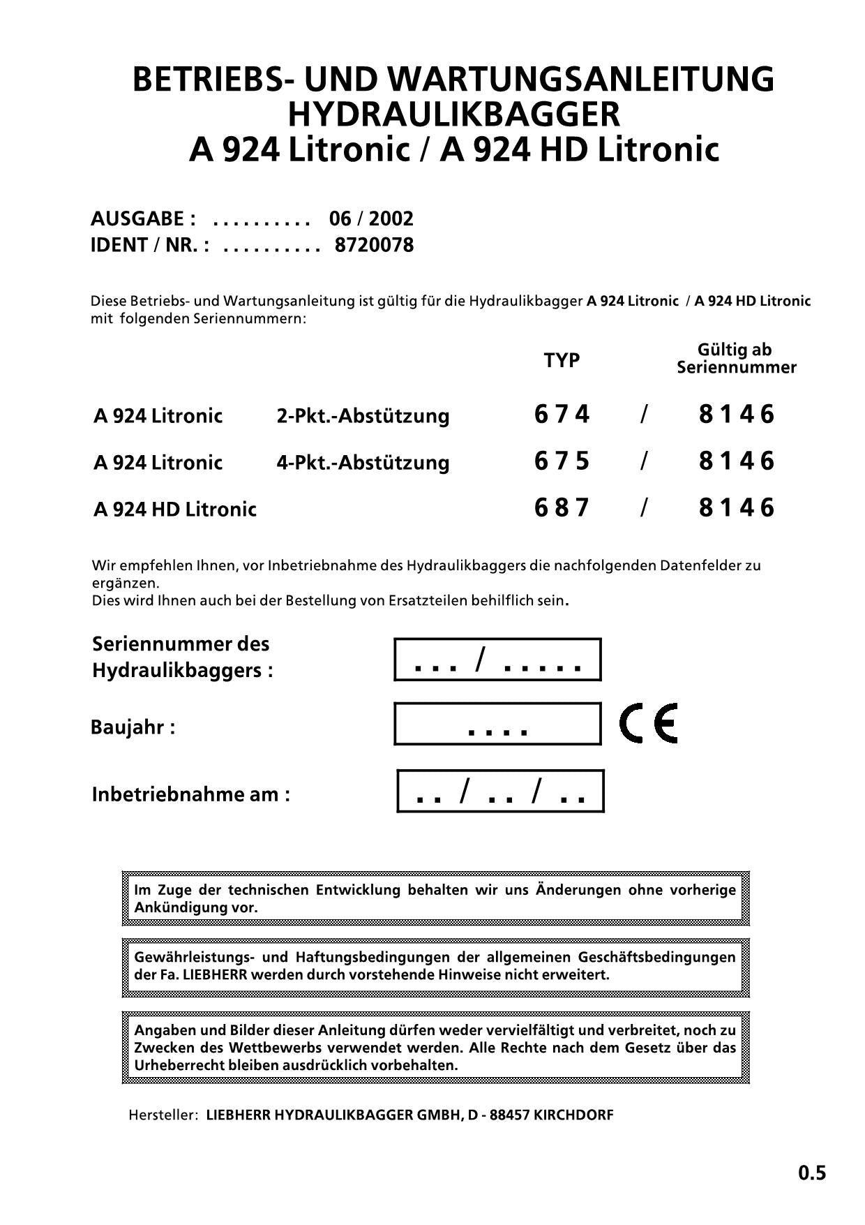 Ensacheuse Liebherr A924 A924 HD Litronic Betriebsanleitung Wartungsanleitung