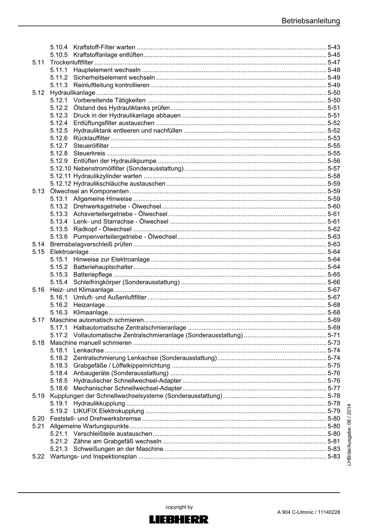 Liebherr A904 C-Litronic Hydraulikbagger Betriebsanleitung 11140228