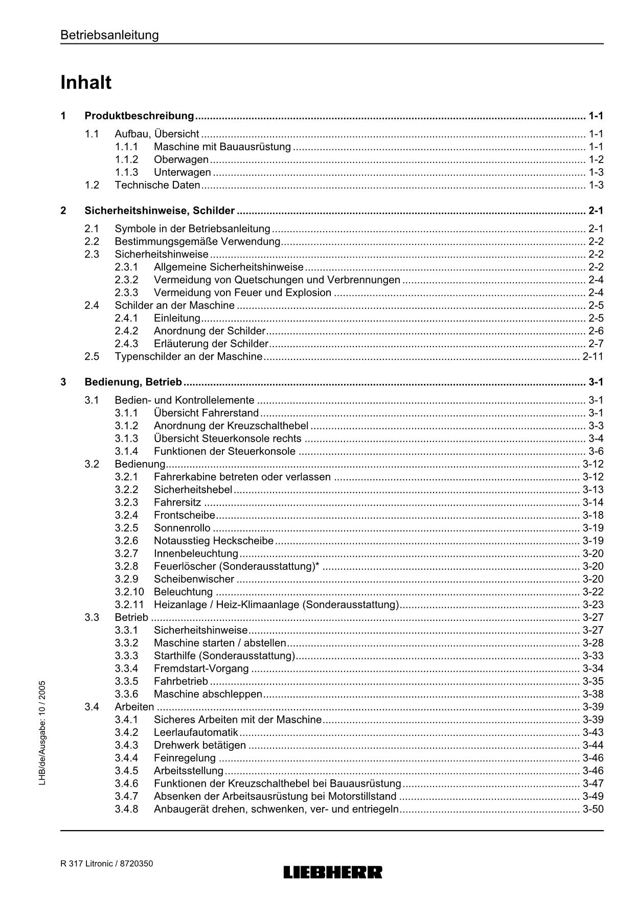 Liebherr R317 Litronic Hydraulikbagger Betriebsanleitung Serie 27000