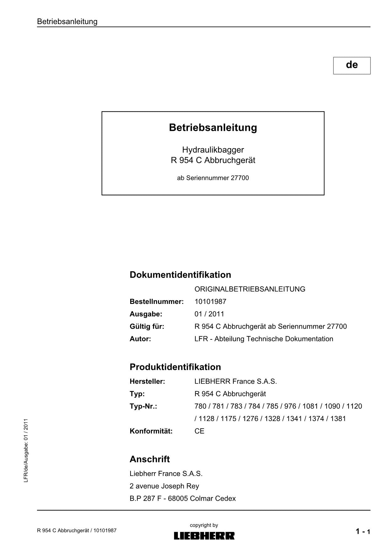 Liebherr R954 C miTverlängerten Abbruchausrüstung bagger Betriebsanleitung