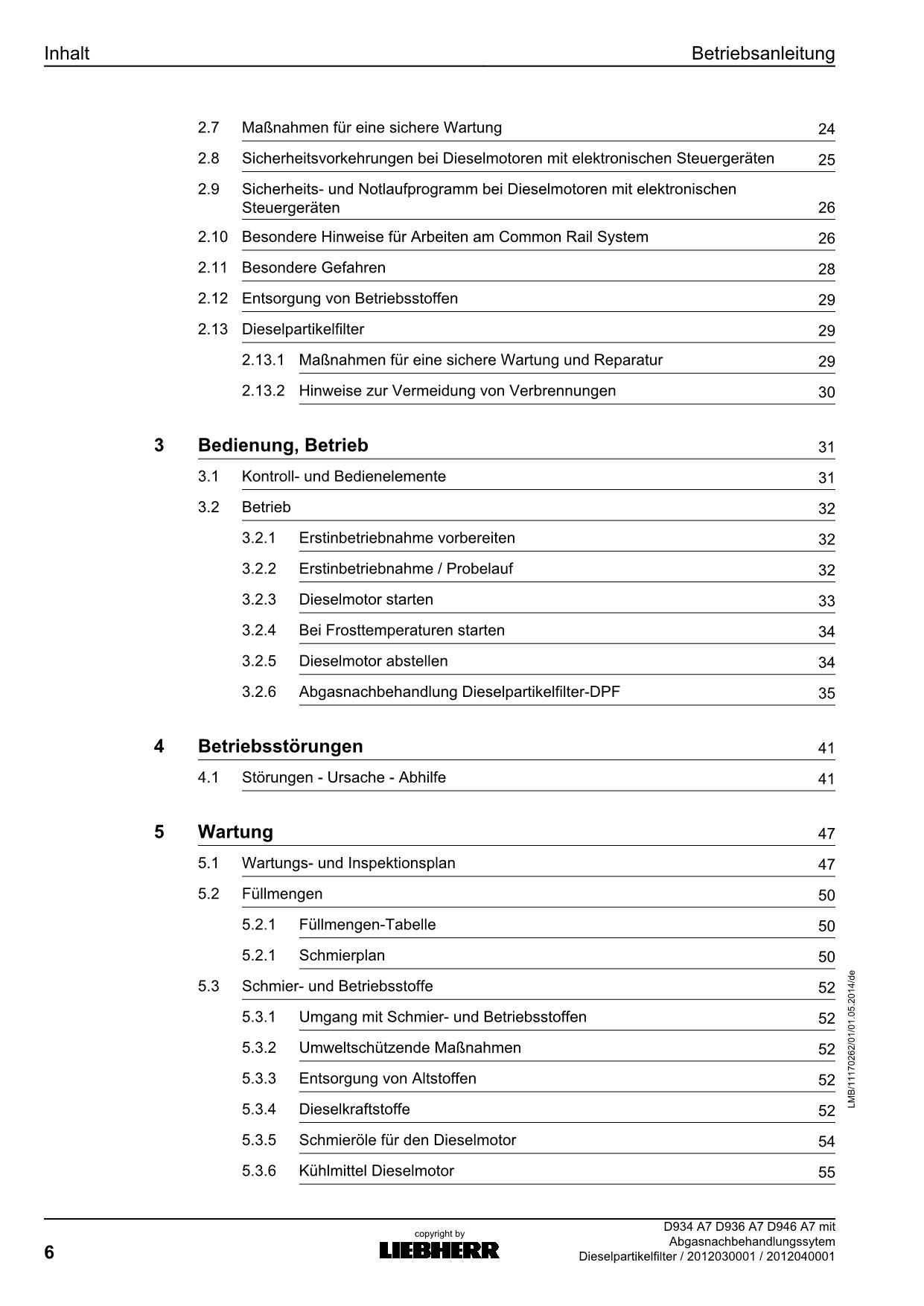 Liebherr D934 A7 D936 A7 D946 A7 Moteur de filtre à particules diesel Manuel d'instructions