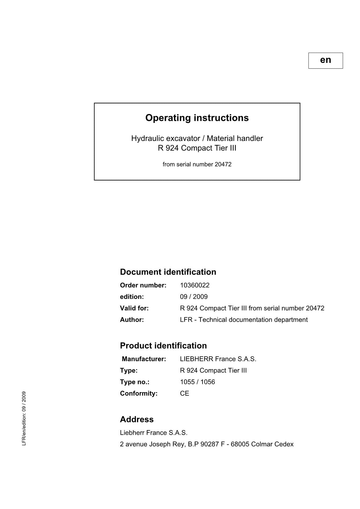 Liebherr R924 Compact TieRIII Excavator Operators manual serial 20472