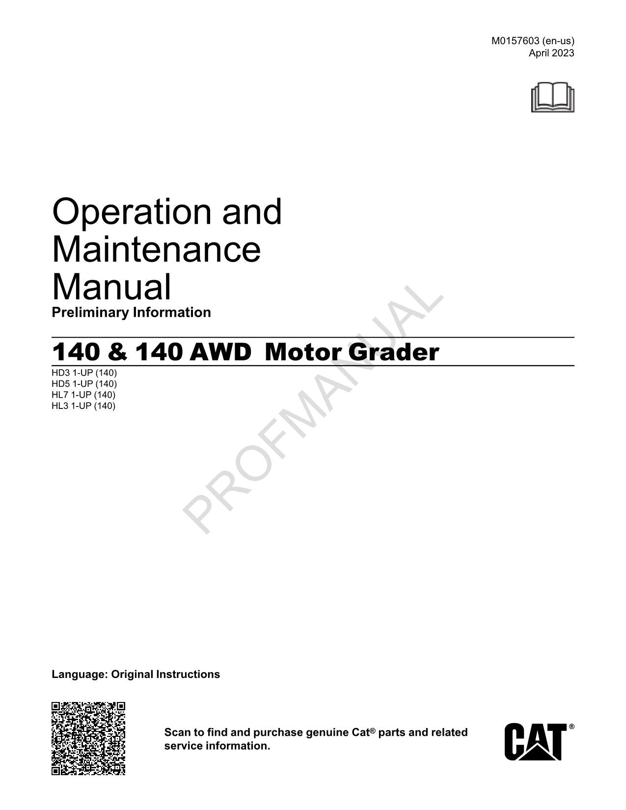 Manuel d'entretien de la niveleuse Caterpillar 140 140 AWD