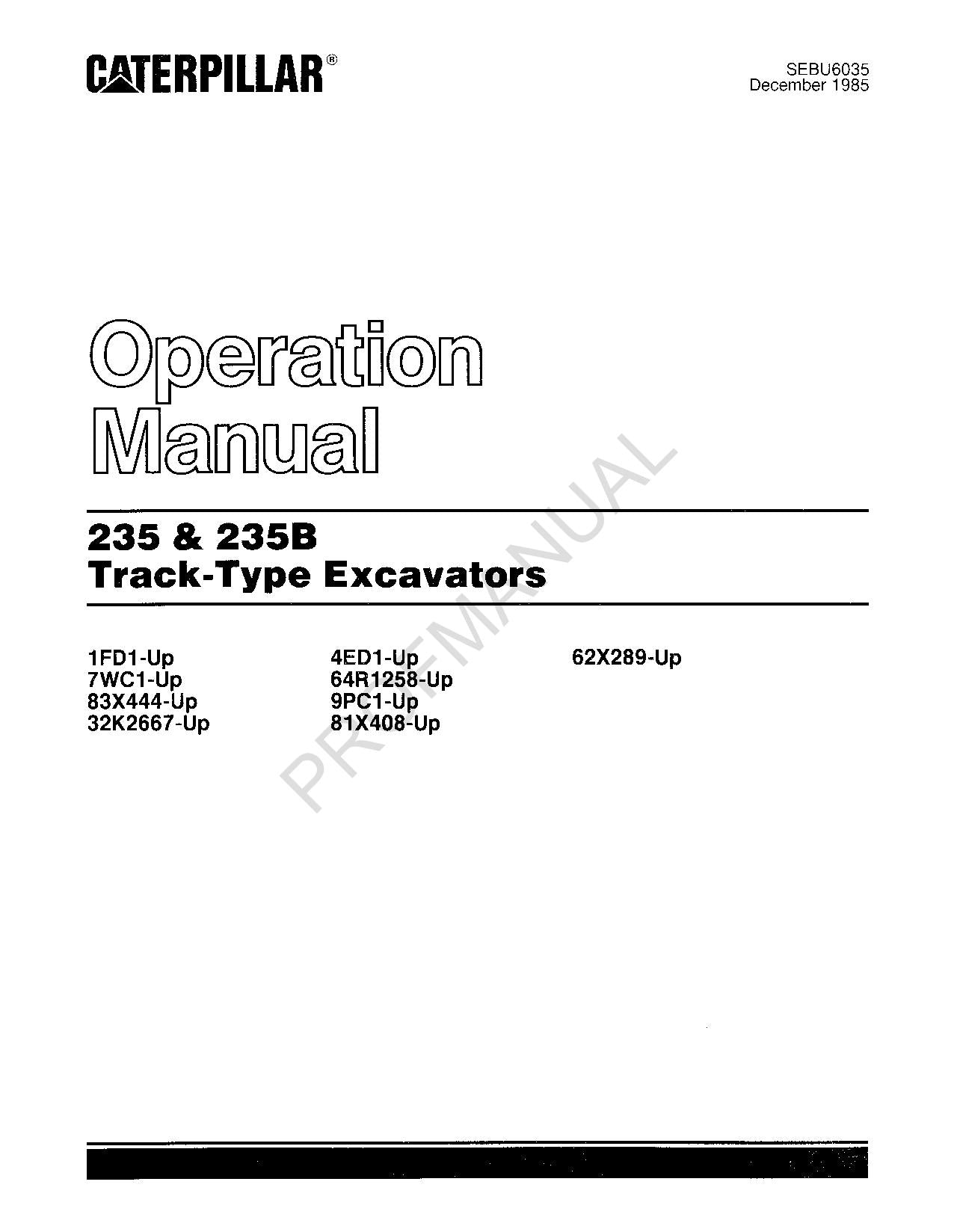 Caterpillar 235 235B Track Excavator Operators Maintenance Manual SEBU6035