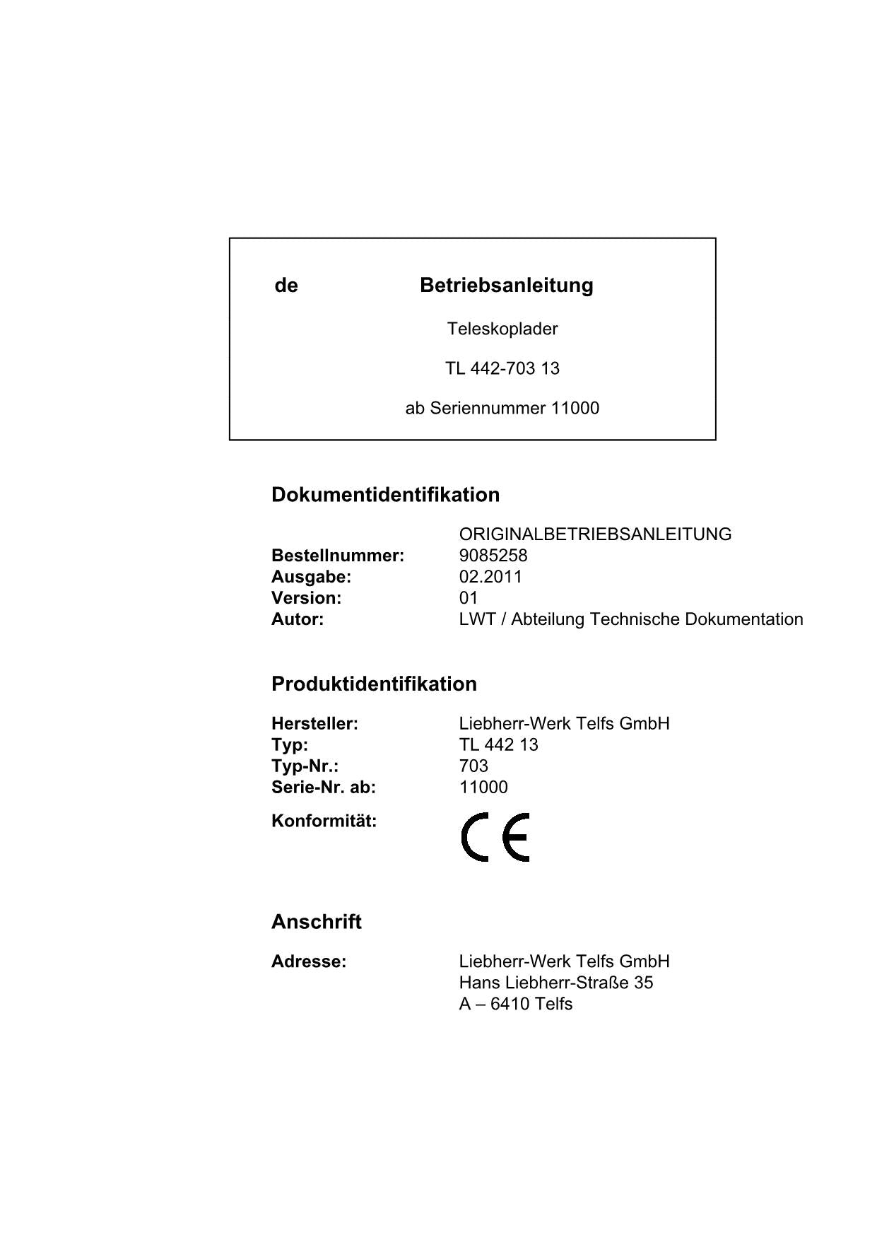 Liebherr TL442 13 Teleskoplader Manuel d'instructions