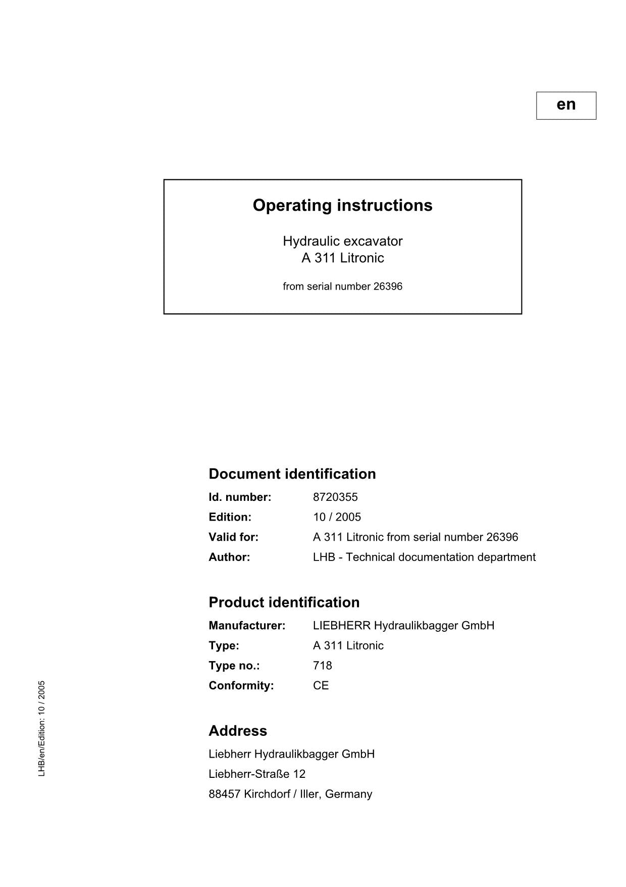 Liebherr A311 Litronic Excavator  Operators manual