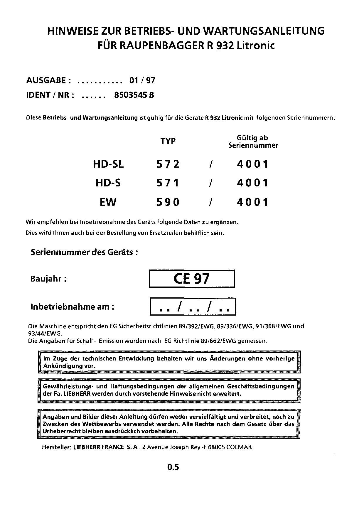 Liebherr R932 Litronic Hydraulikbagger Betriebsanleitung Wartungsanleitung