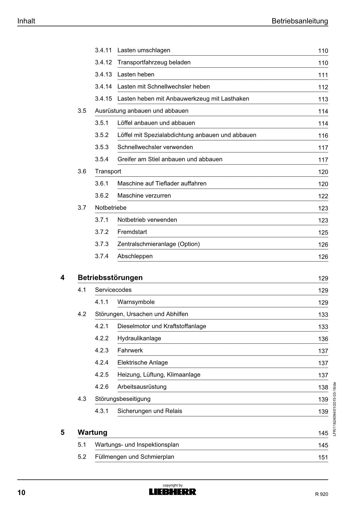 Liebherr R920 Hydraulikbagger Betriebsanleitung Wartungsanleitung