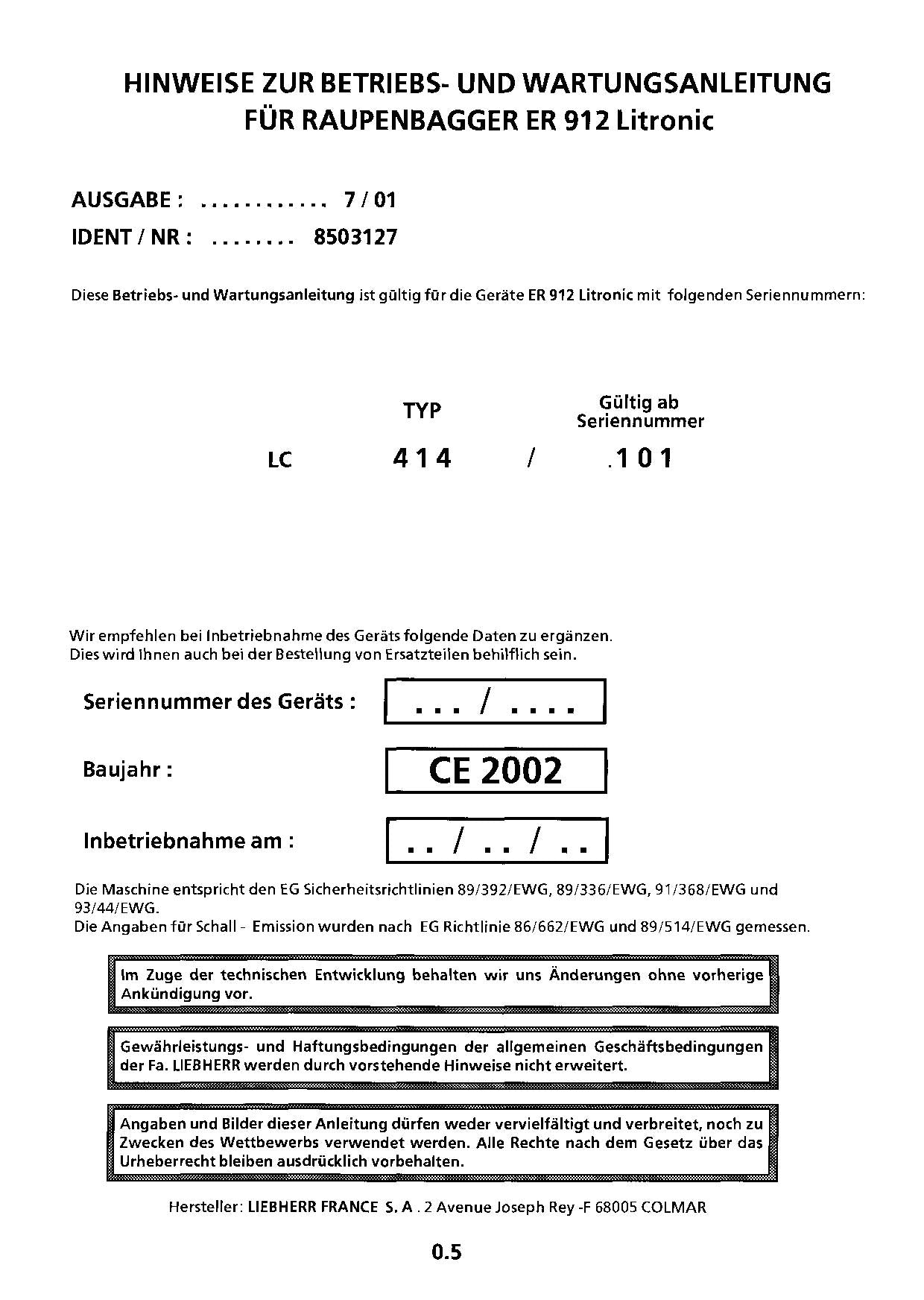 Liebherr R912 E Litronic Raupenbagger Betriebsanleitung Wartungsanleitung