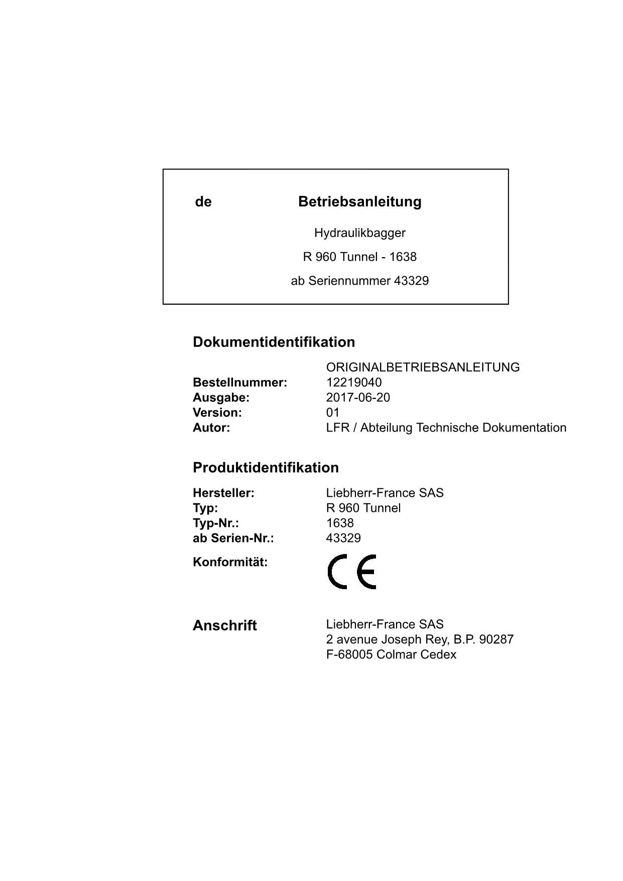 Liebherr R960 Tunnel Hydraulikbagger Manuel d'instructions