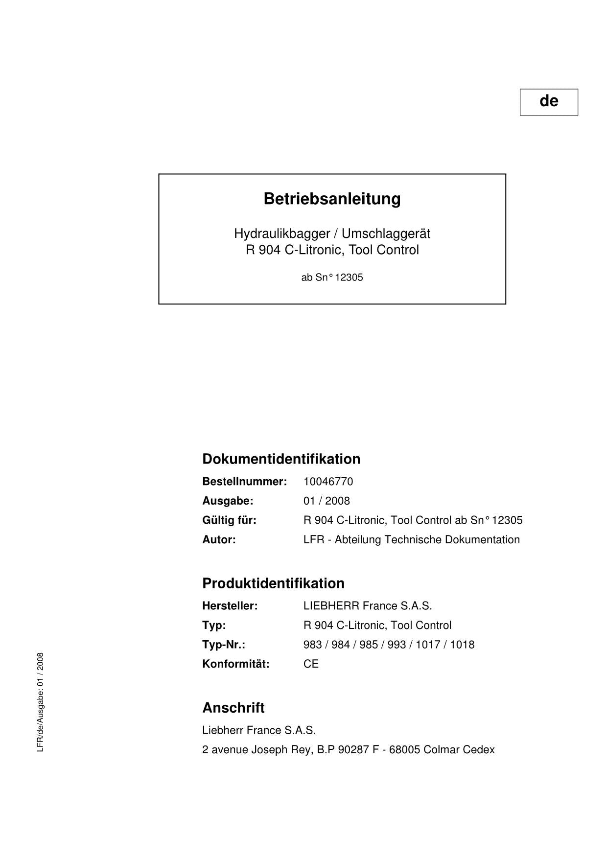 Liebherr R904 C-Litronic TooLControl Bagger Umschlaggerät Betriebsanleitung