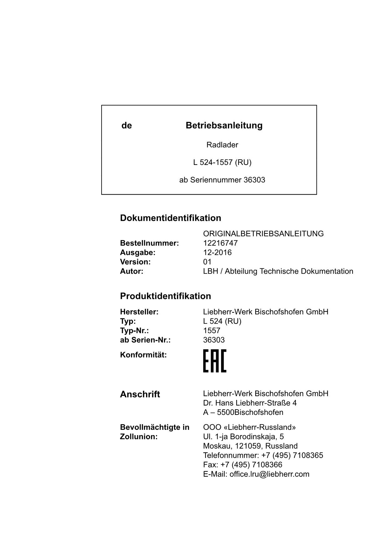 Liebherr L524 RU Radlader Betriebsanleitung ser 36303